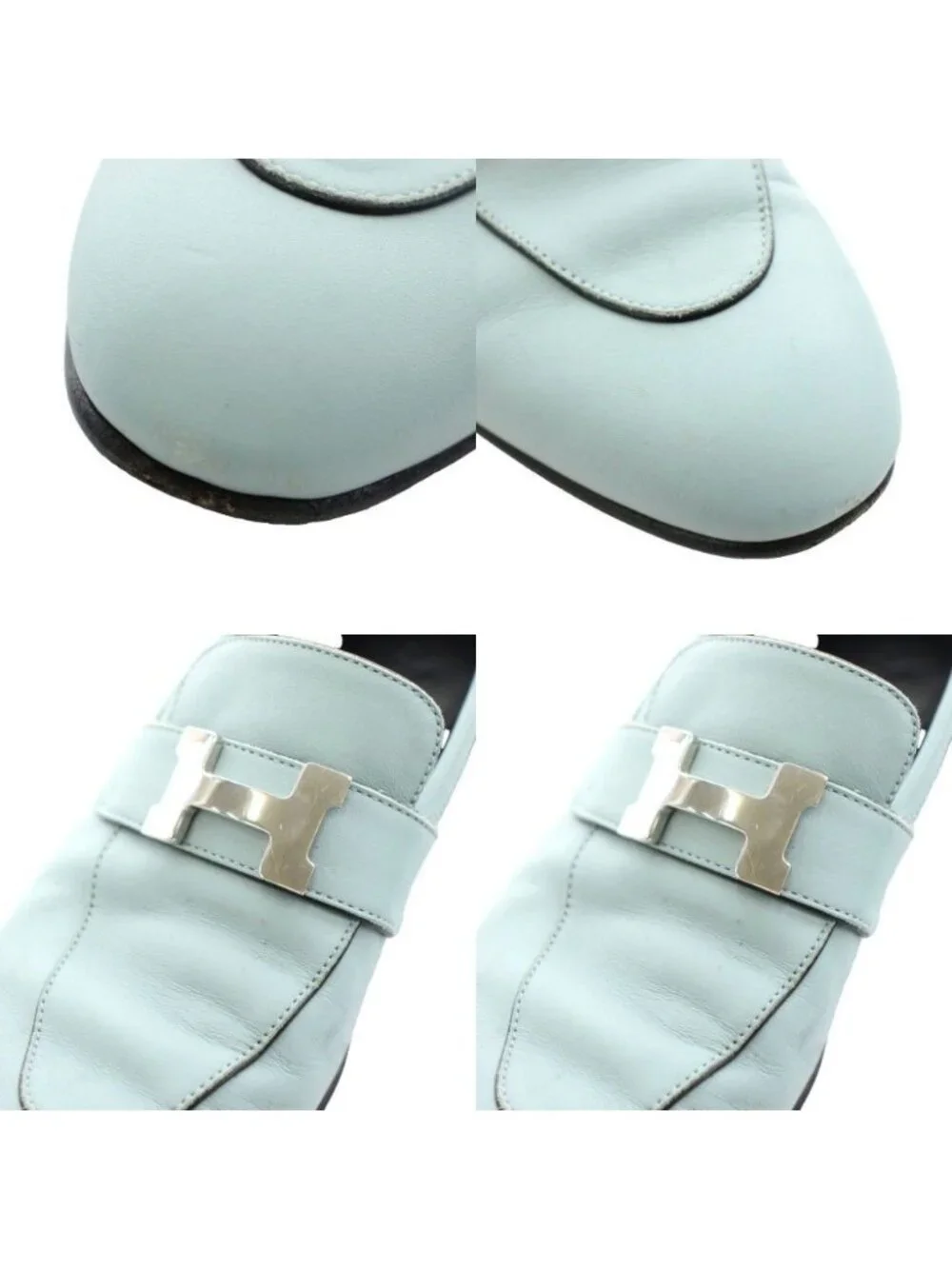 Hermes Moccasin Paris Loafers Leather Logo Chunky Heels 36.5 Light Blue